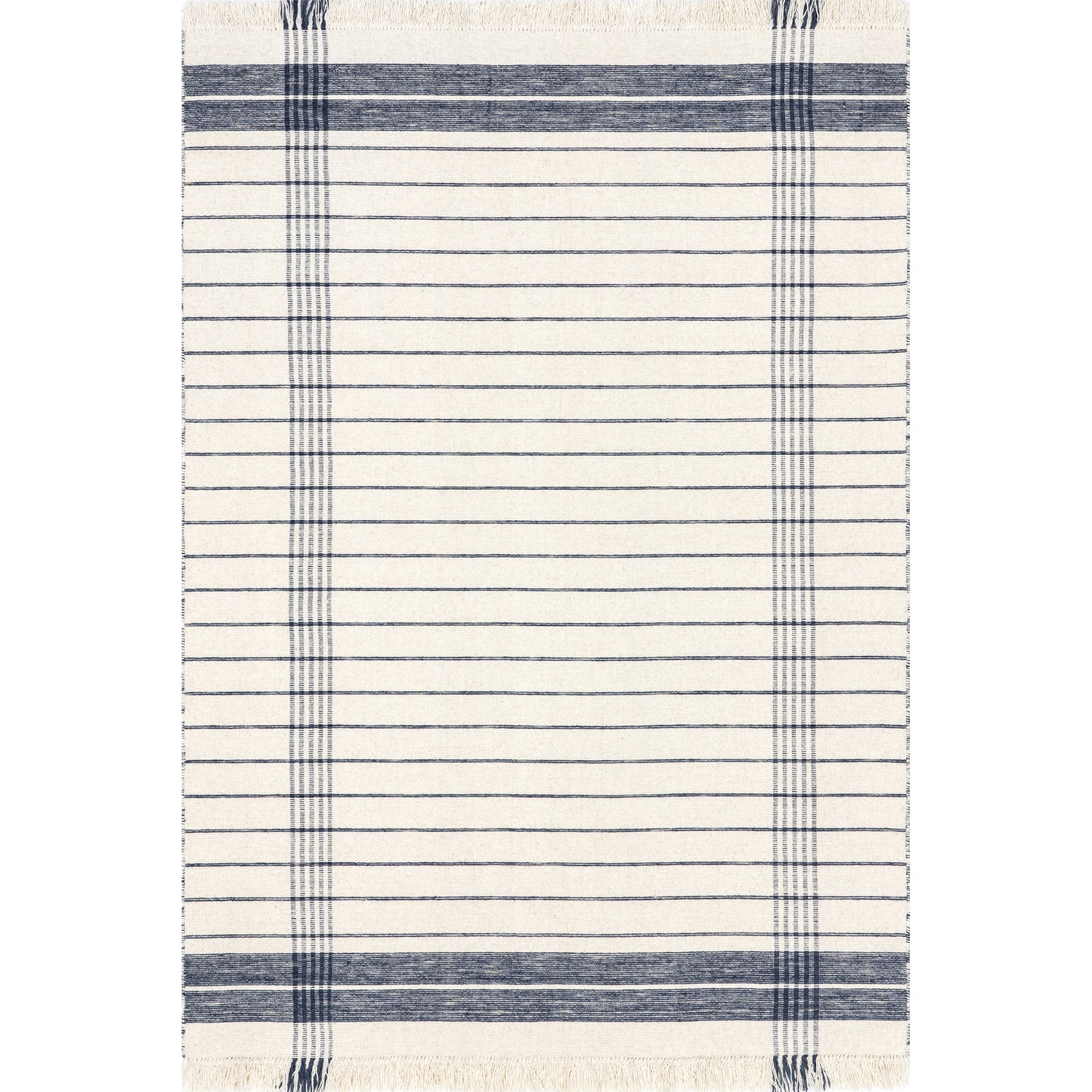 Blue & White Striped Wool Fringe Area Rug