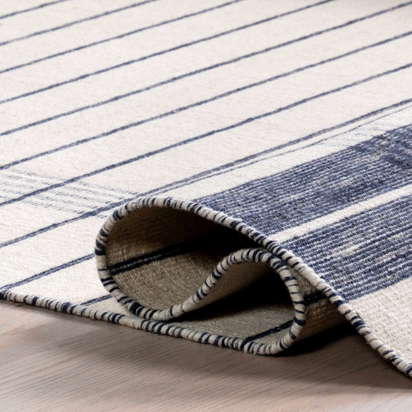 Blue & White Striped Wool Fringe Area Rug