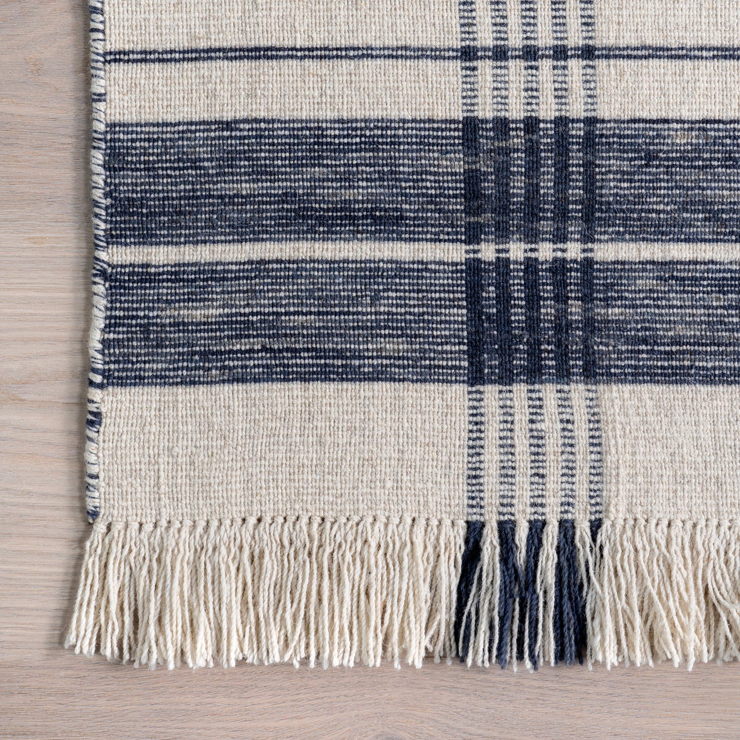 Blue & White Striped Wool Fringe Area Rug