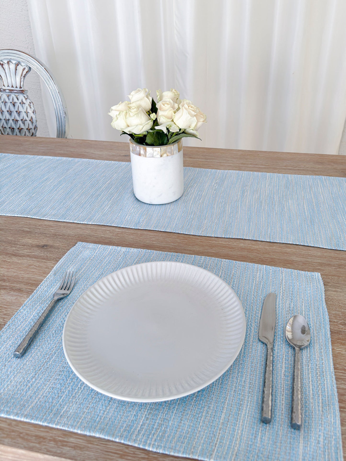 Bay View Blue Indoor Outdoor Table Runner, Placemats, and Pillow Collection