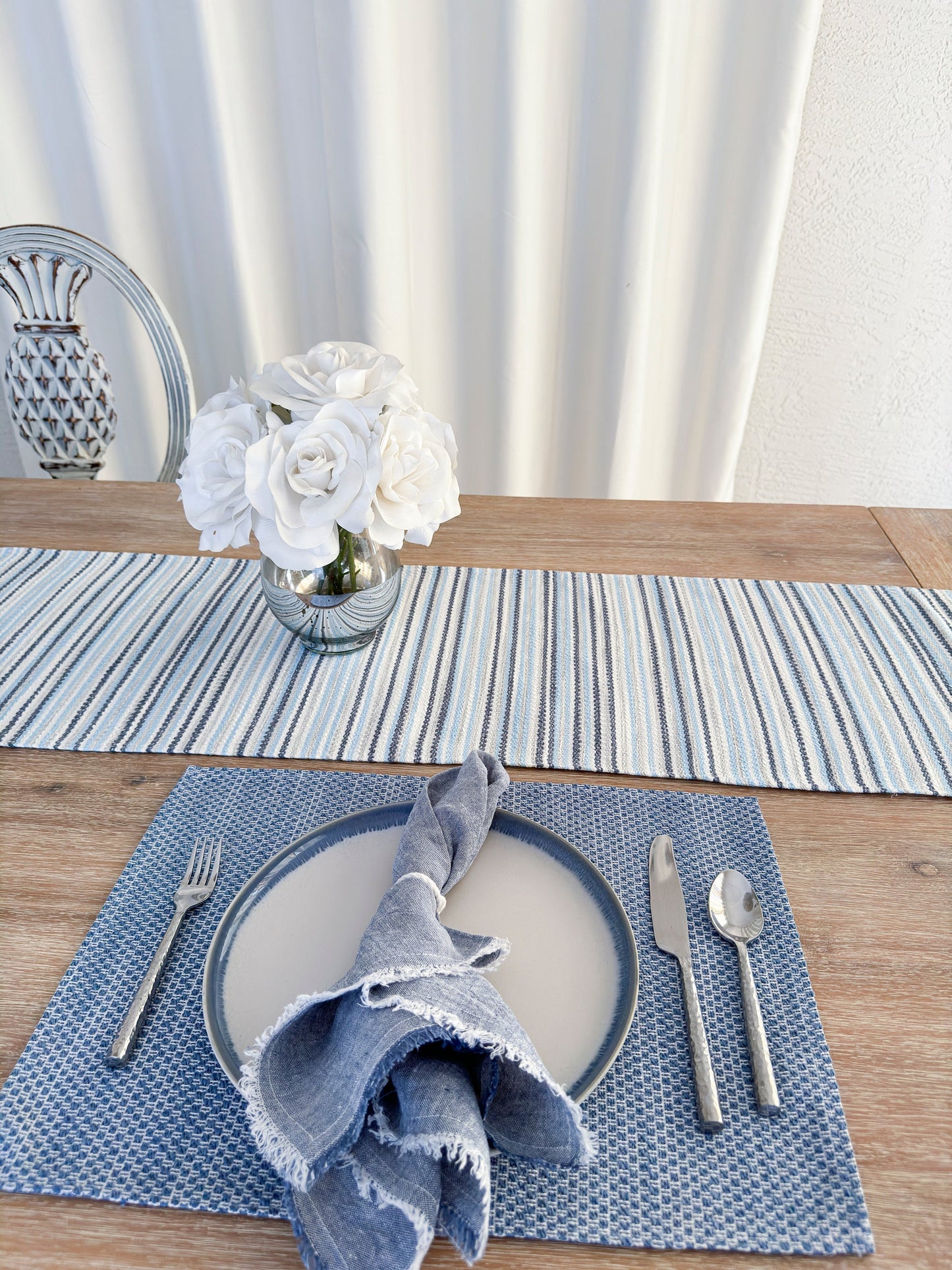 Blue Yacht Stripe Indoor Outdoor Table Runner, Placemats, and Pillows - PureAir Collection