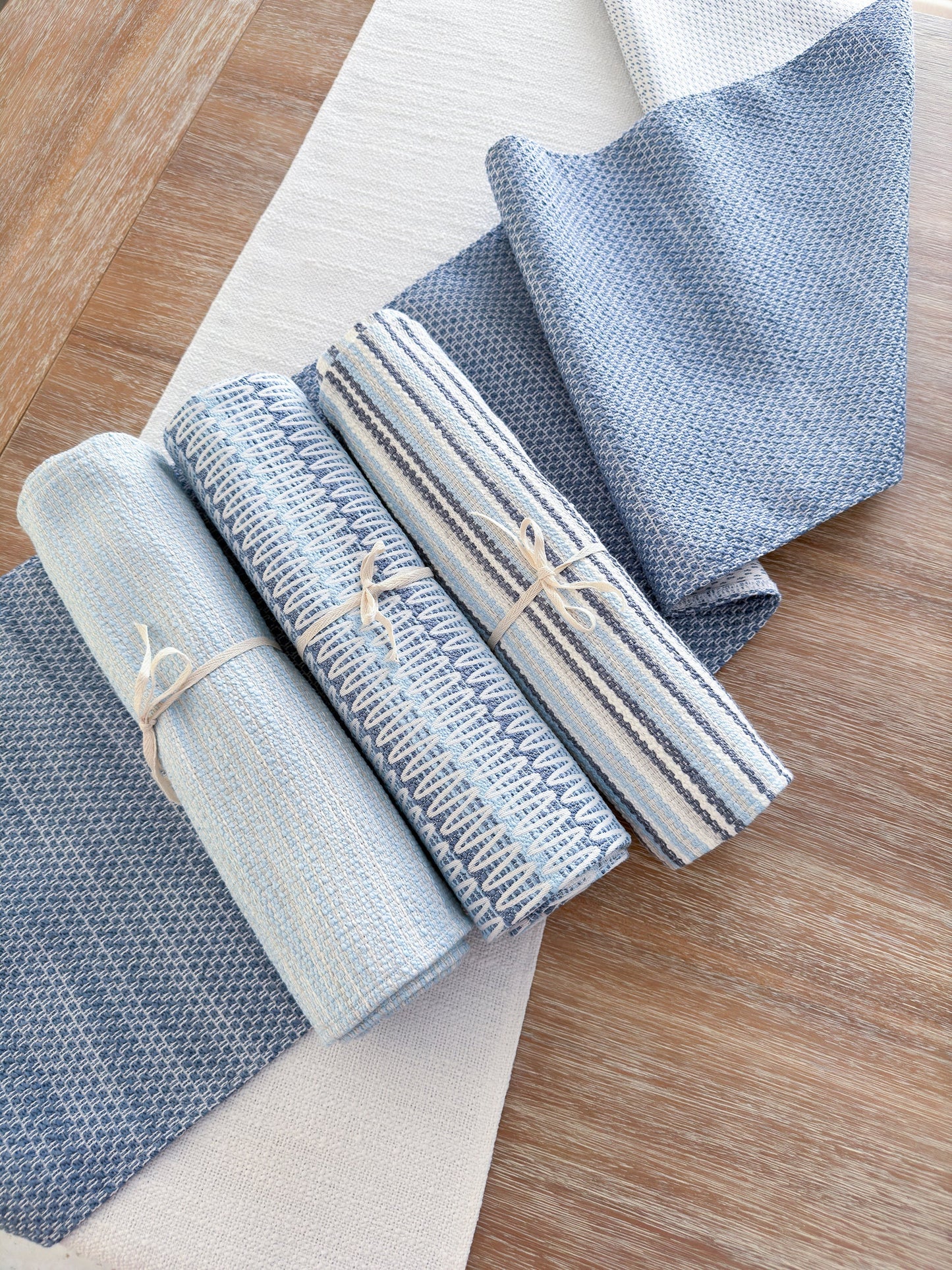 Blue Yacht Stripe Indoor Outdoor Table Runner, Placemats, and Pillows - PureAir Collection