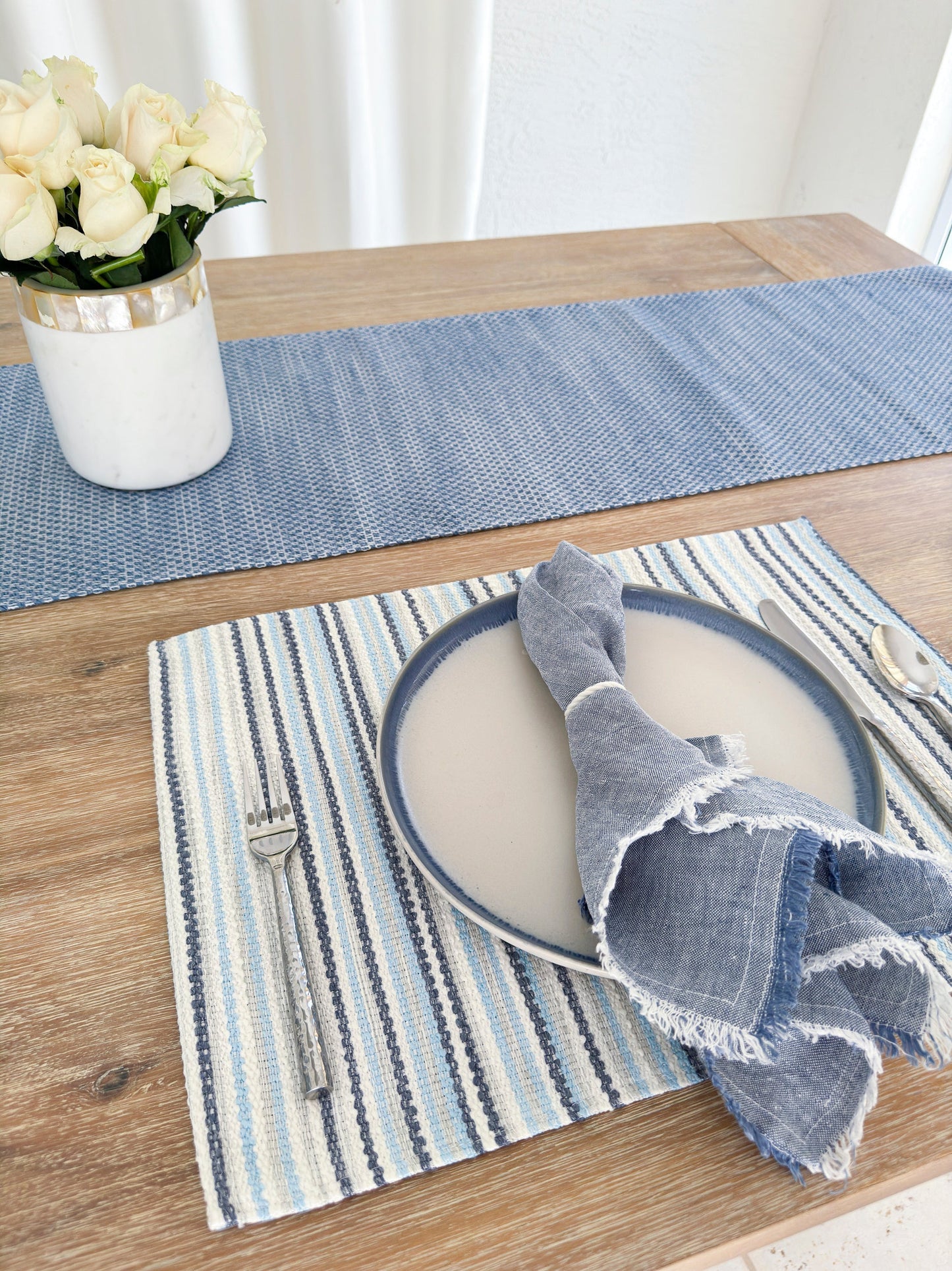 Blue Yacht Stripe Indoor Outdoor Table Runner, Placemats, and Pillows - PureAir Collection