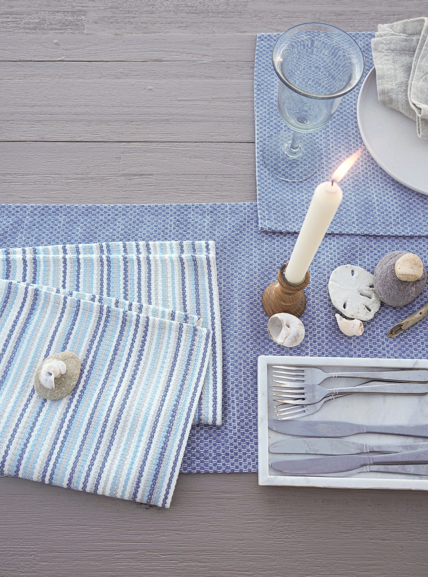 Blue Yacht Stripe Indoor Outdoor Table Runner, Placemats, and Pillows - PureAir Collection