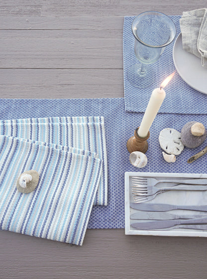 Blue Yacht Stripe Indoor Outdoor Table Runner, Placemats, and Pillows - PureAir Collection