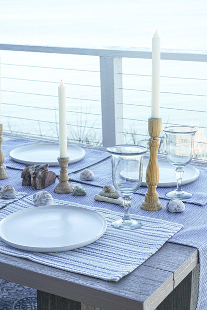 Blue Yacht Stripe Indoor Outdoor Table Runner, Placemats, and Pillows - PureAir Collection