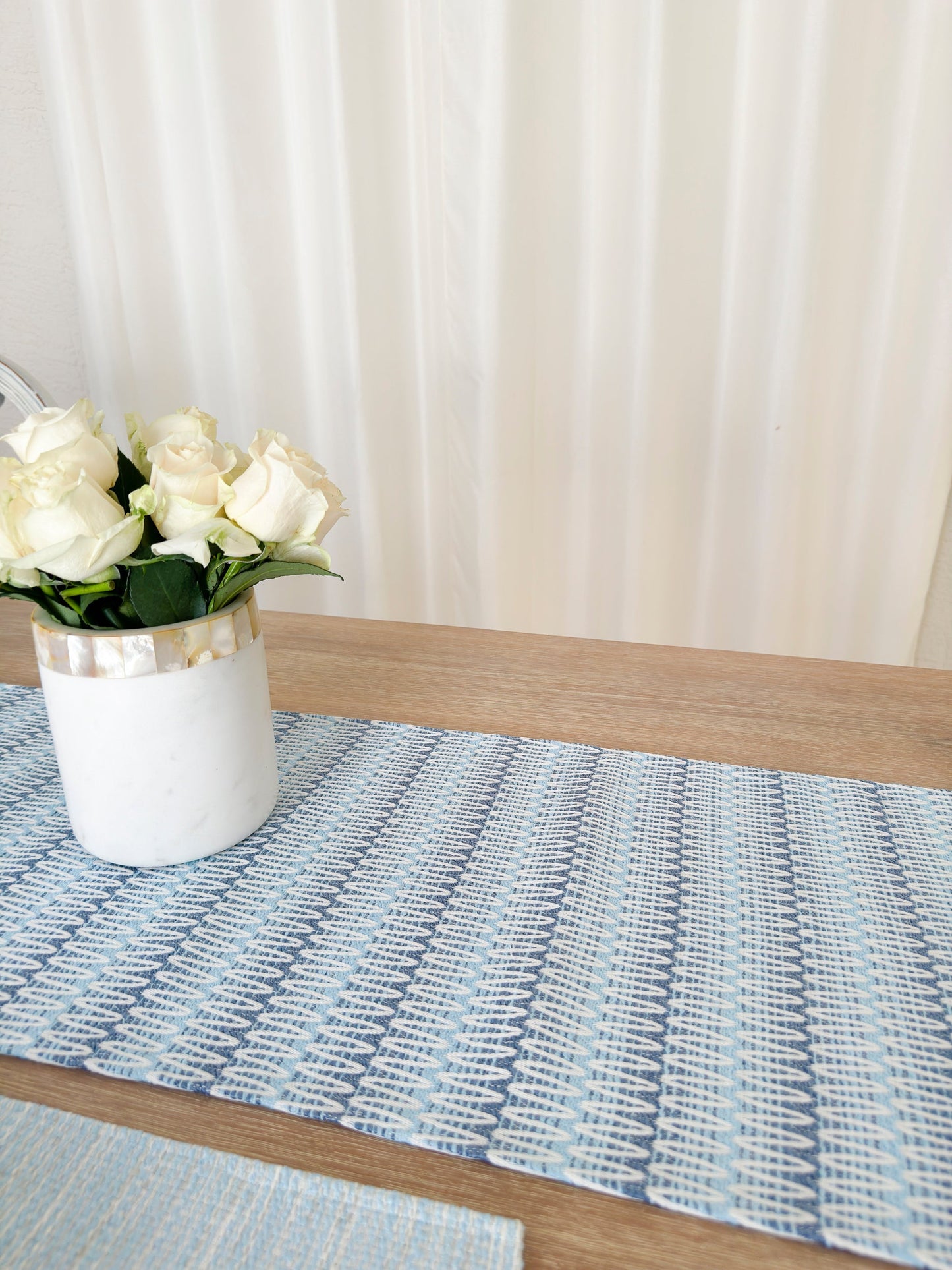 Summer Twist Blue Indoor Outdoor Table Runner, Placemats, and Pillows Collection