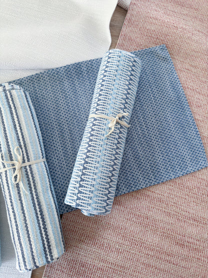 Summer Twist Blue Indoor Outdoor Table Runner, Placemats, and Pillows Collection