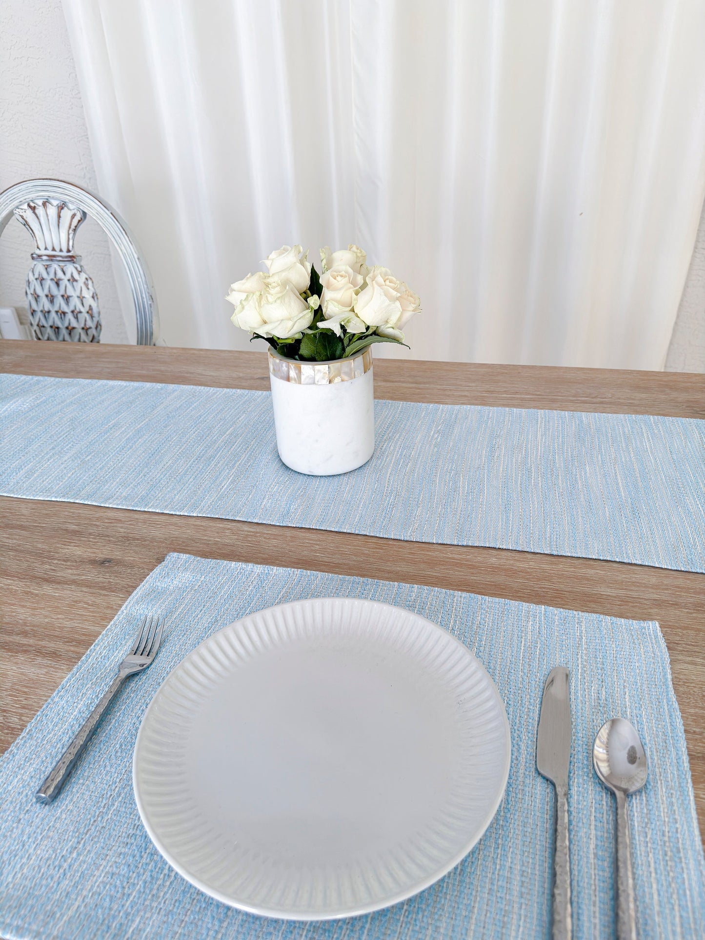 Bay View Blue Indoor Outdoor Table Runner, Placemats, and Pillow Collection