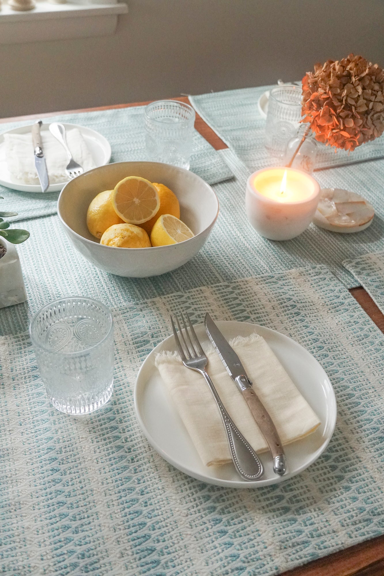 Bay View Aqua Indoor Outdoor Table Runner, Placemats, and Pillows Collection