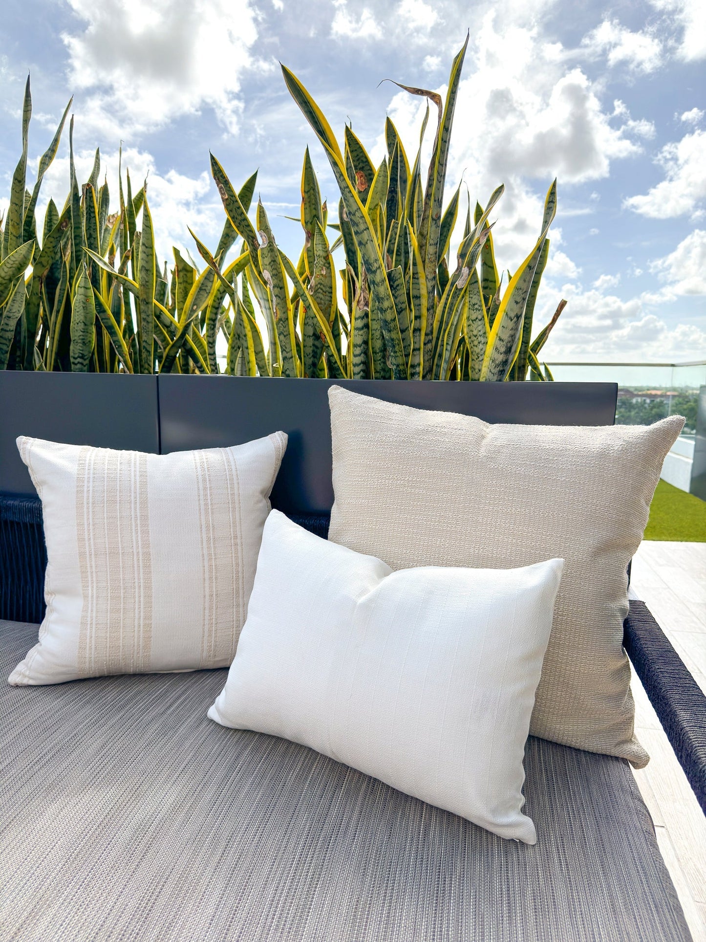 Beach Club Beige Stripe Indoor Outdoor Table Runner, Placemat, and Pillow Set