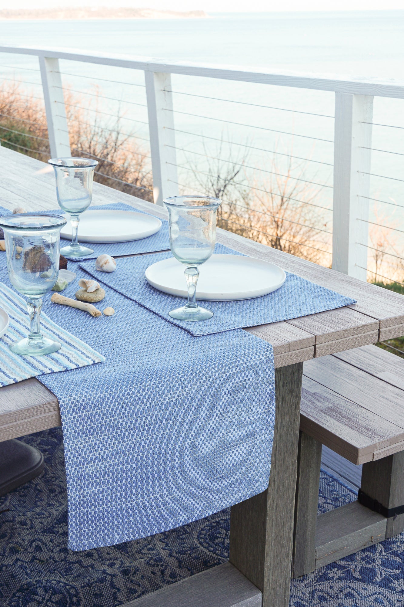 Deep Sea Blue Indoor Outdoor Pillows, Floor Pillow, Placemat & Table Runner Collection