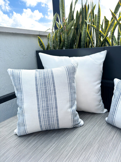 Beach Club White Stripe Blue Indoor Outdoor Cushion, Placemat, Table Runner Collection