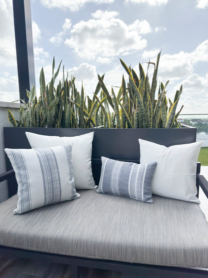 Beach Club White Stripe Blue Indoor Outdoor Cushion, Placemat, Table Runner Collection