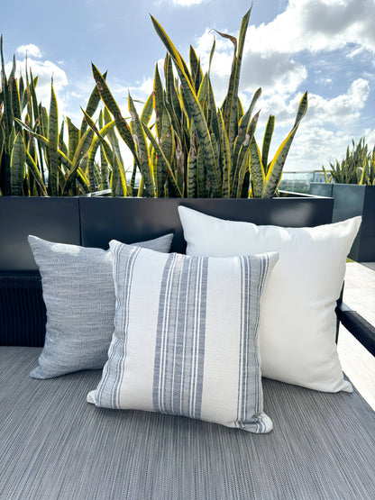 Beach Club White Stripe Blue Indoor Outdoor Cushion, Placemat, Table Runner Collection