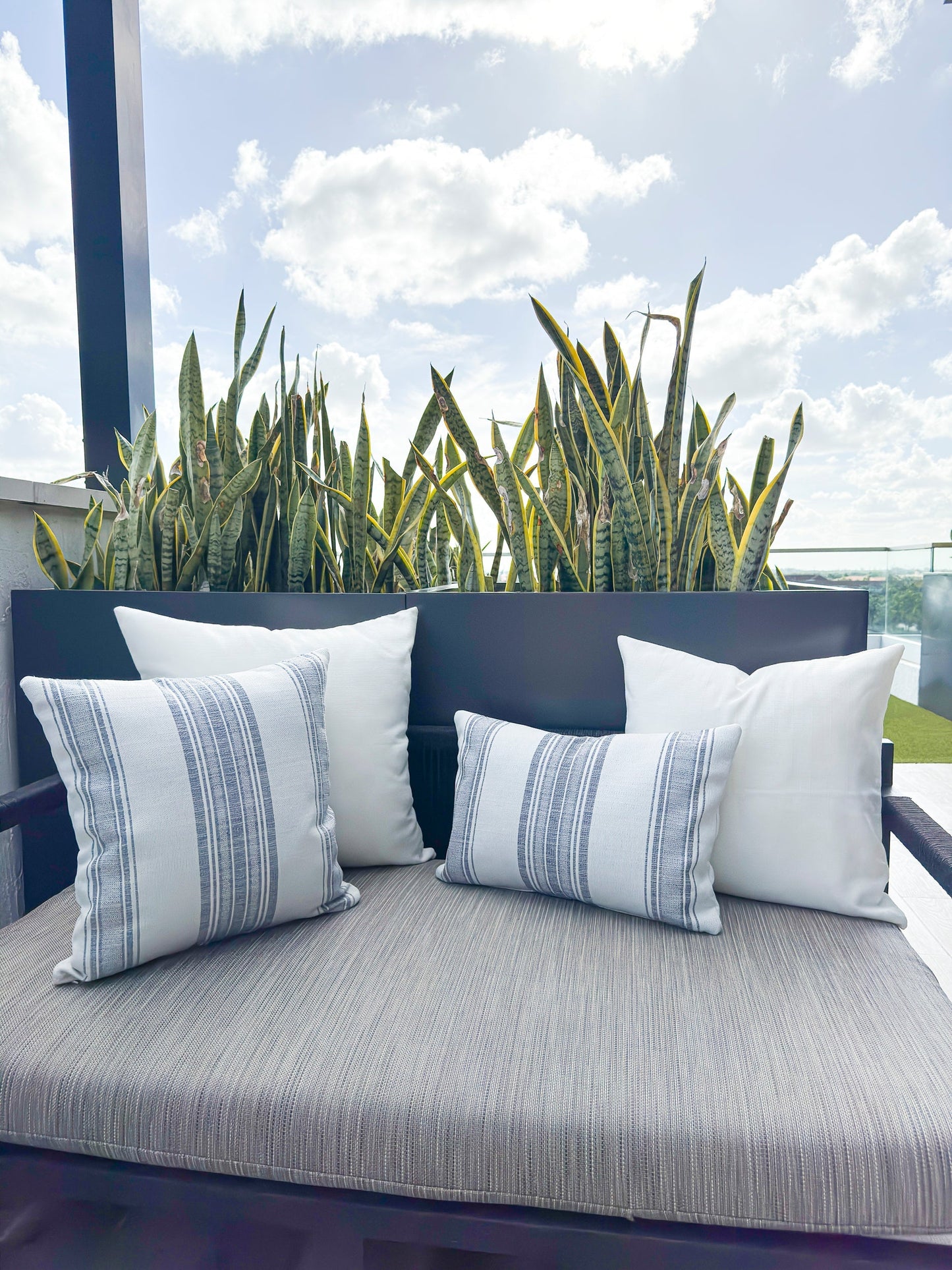 Beach Club White Stripe Blue Indoor Outdoor Cushion, Placemat, Table Runner Collection