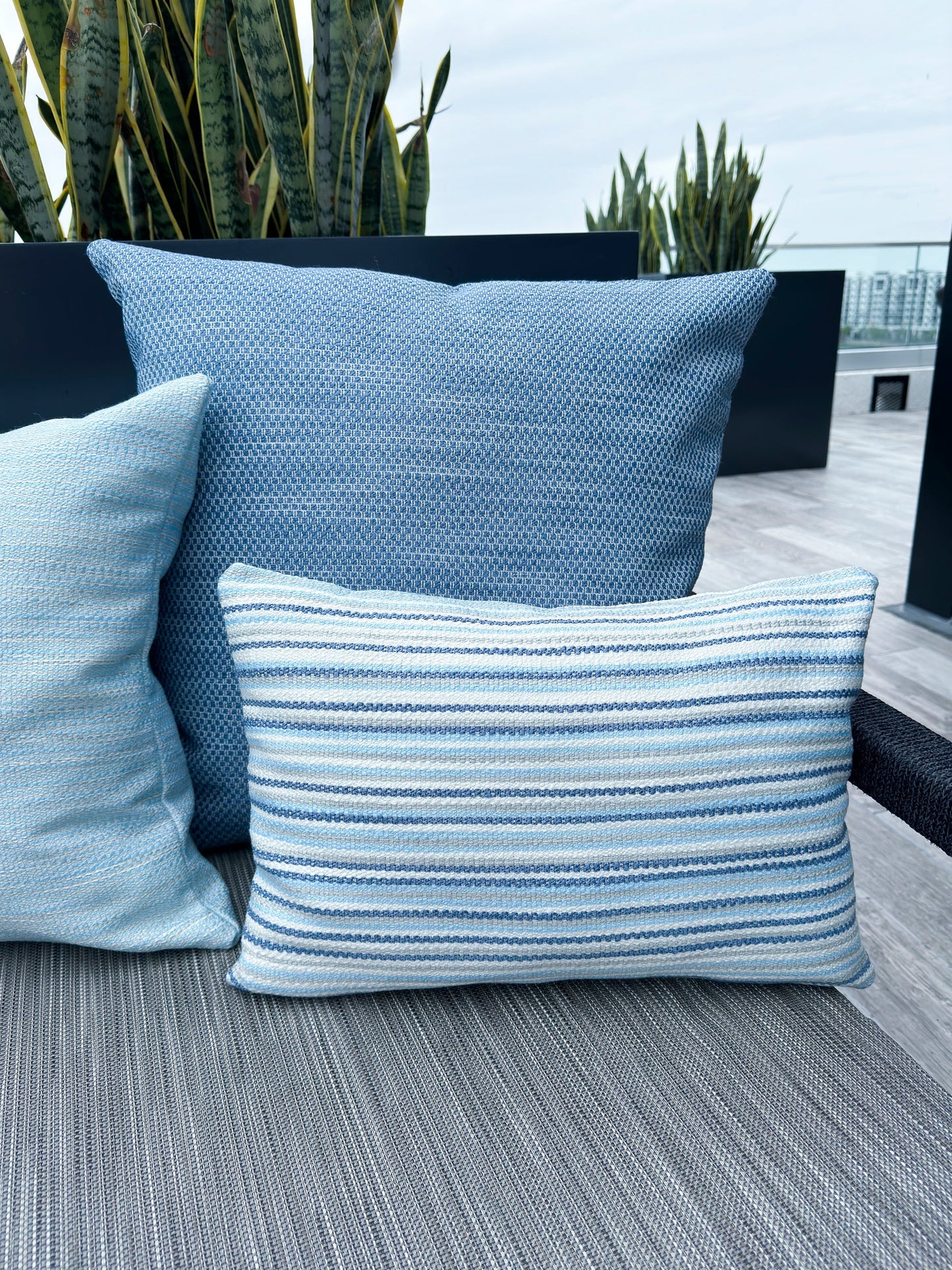 Blue Yacht Stripe Indoor Outdoor Table Runner, Placemats, and Pillows - PureAir Collection