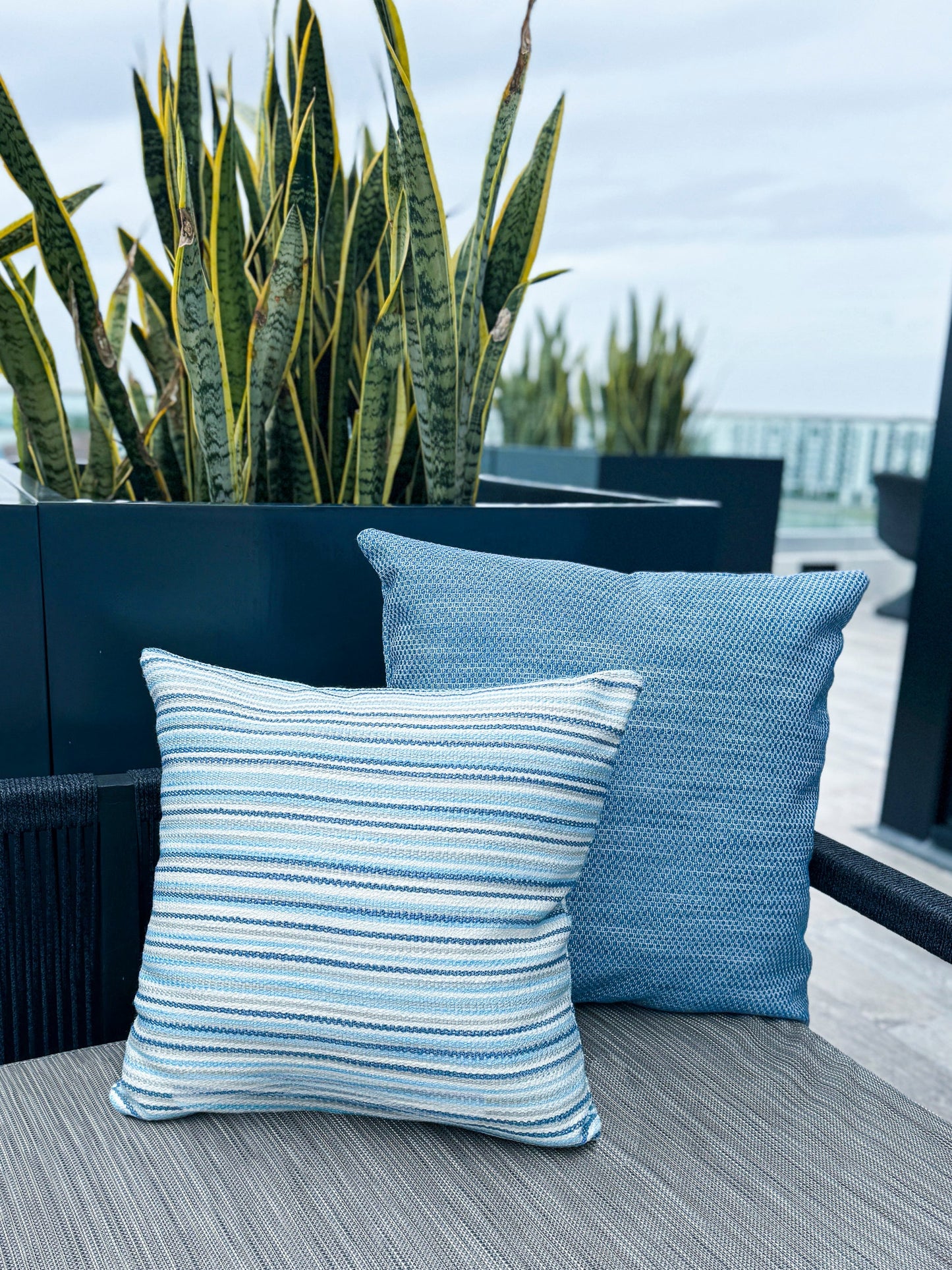 Blue Yacht Stripe Indoor Outdoor Table Runner, Placemats, and Pillows - PureAir Collection