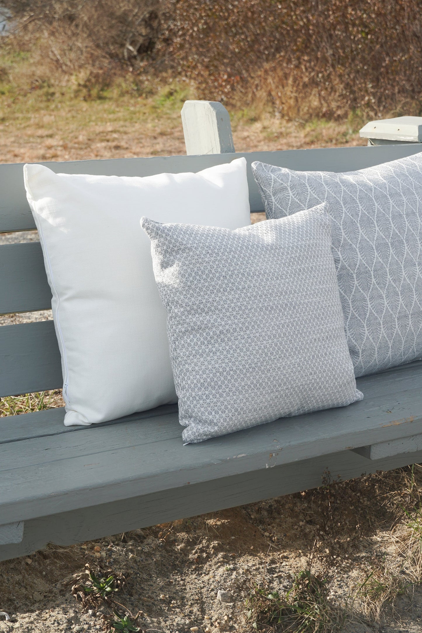 Coastal Breeze Grey Indoor Outdoor Pillow, Placemat, and Table Runner Collection