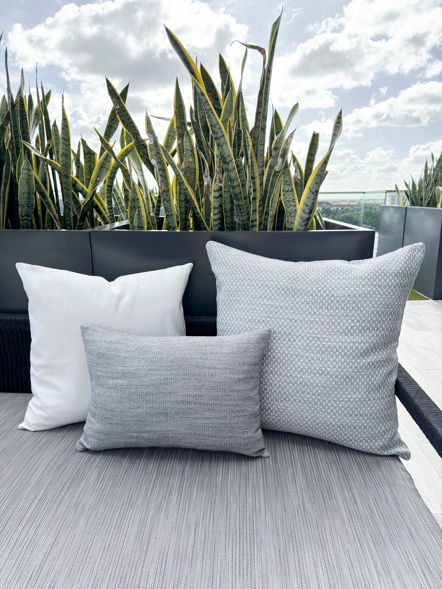 Coastal Breeze Grey Indoor Outdoor Pillow, Placemat, and Table Runner Collection