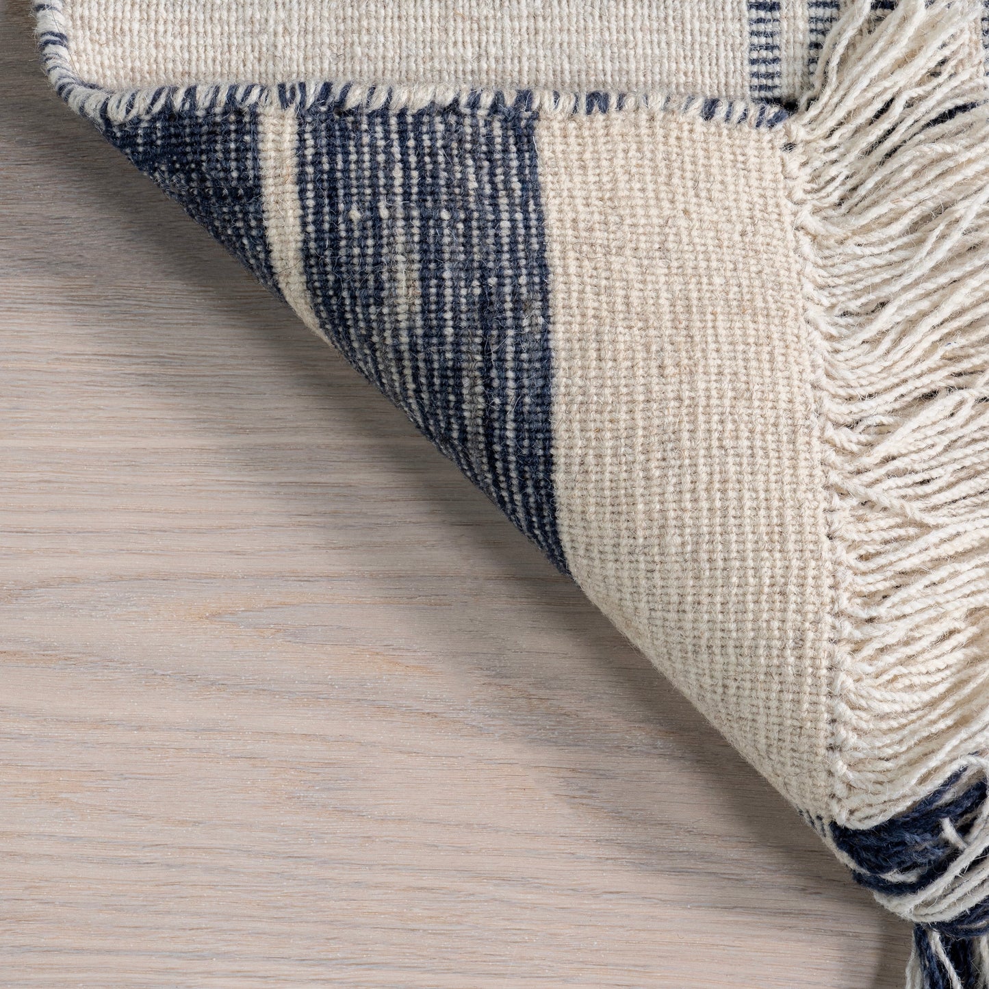 Blue & White Striped Wool Fringe Area Rug