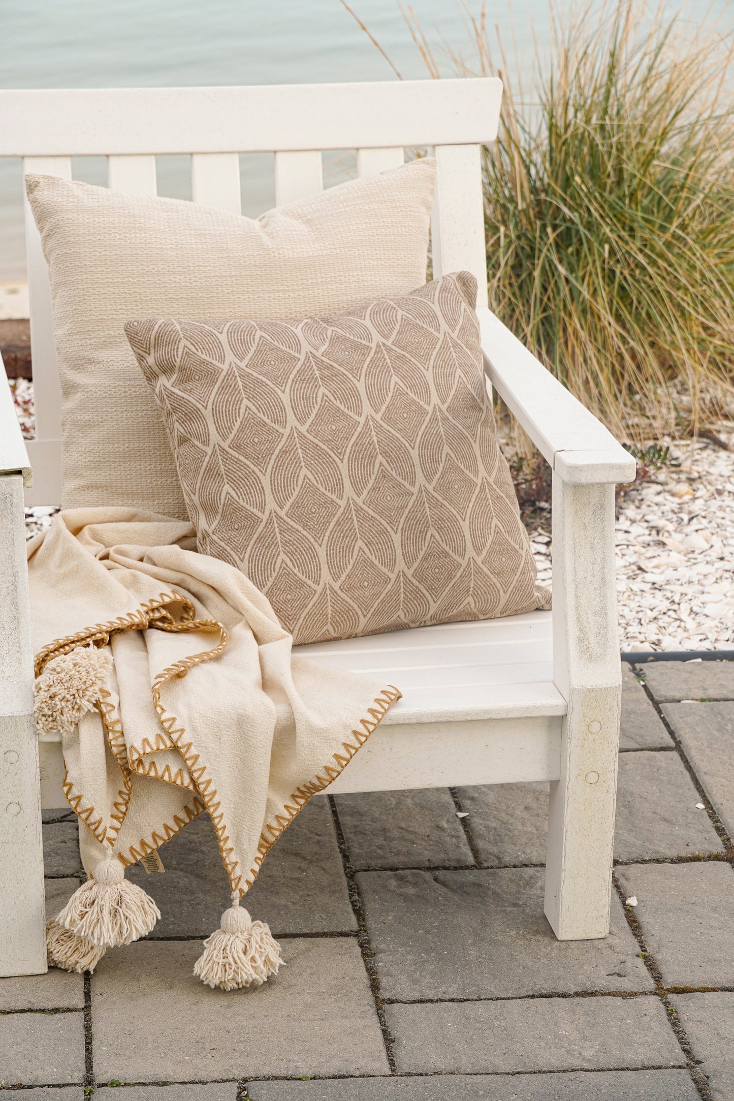 Natural Waves Beige Indoor Outdoor Table Runner, Placemat, Pillow & Floor Pillow Collection