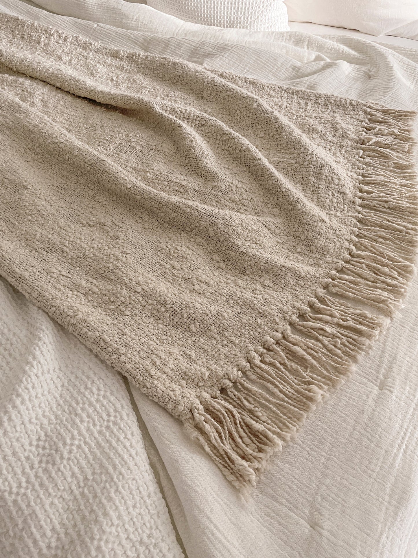 Cozy Cotton Beige Boucle Fringe Throw 50x70