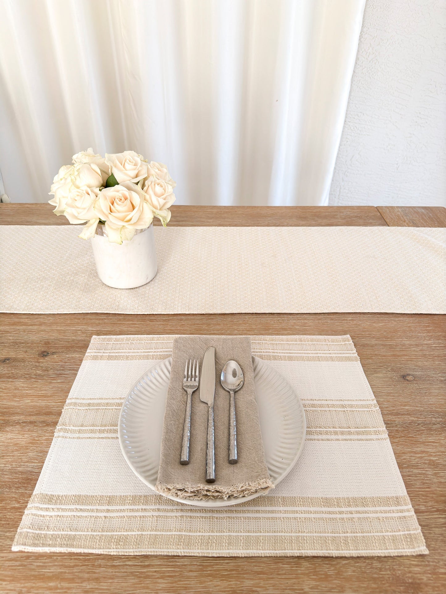 Beach Club Beige Stripe Indoor Outdoor Table Runner, Placemat, and Pillow Set