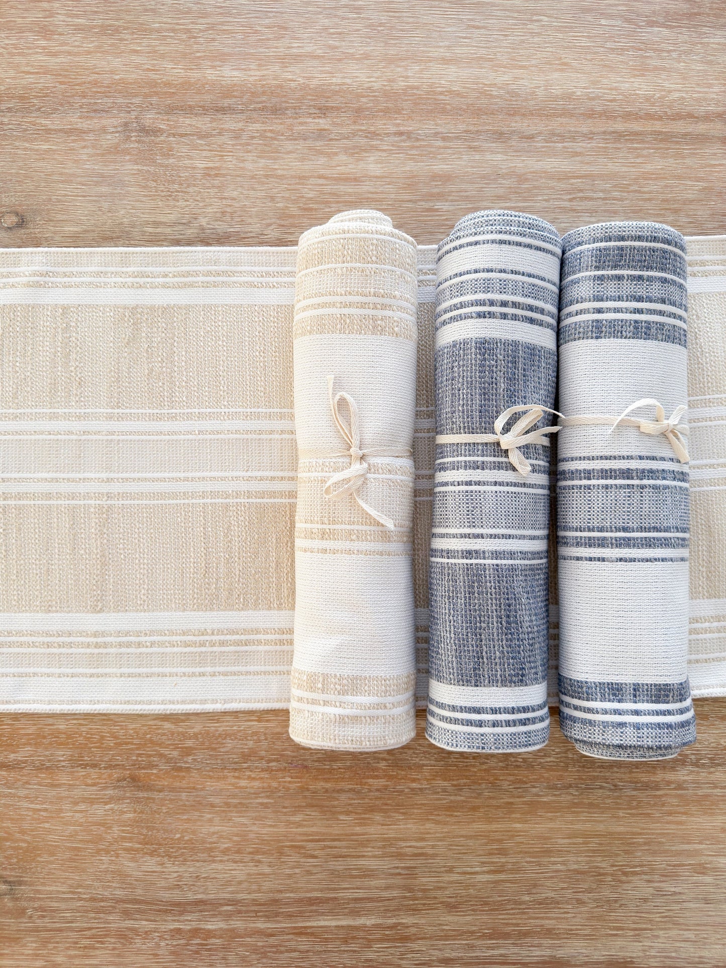 Beach Club Beige Stripe Indoor Outdoor Table Runner, Placemat, and Pillow Set