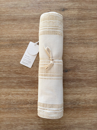 Beach Club Beige Stripe Indoor Outdoor Table Runner, Placemat, and Pillow Set