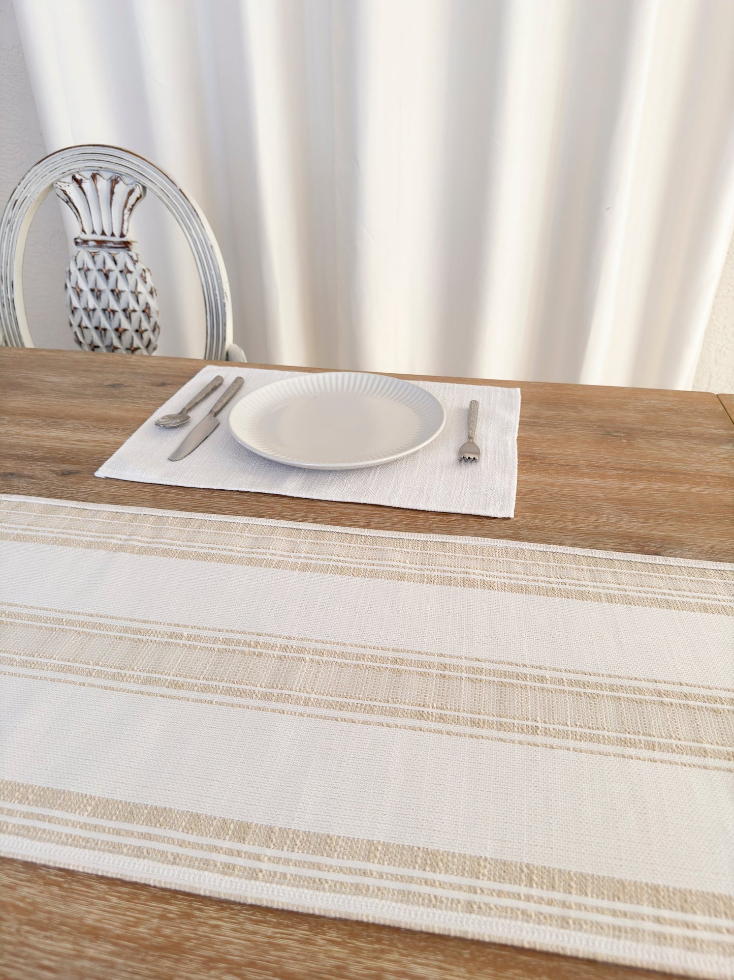 Beach Club Beige Stripe Indoor Outdoor Table Runner, Placemat, and Pillow Set