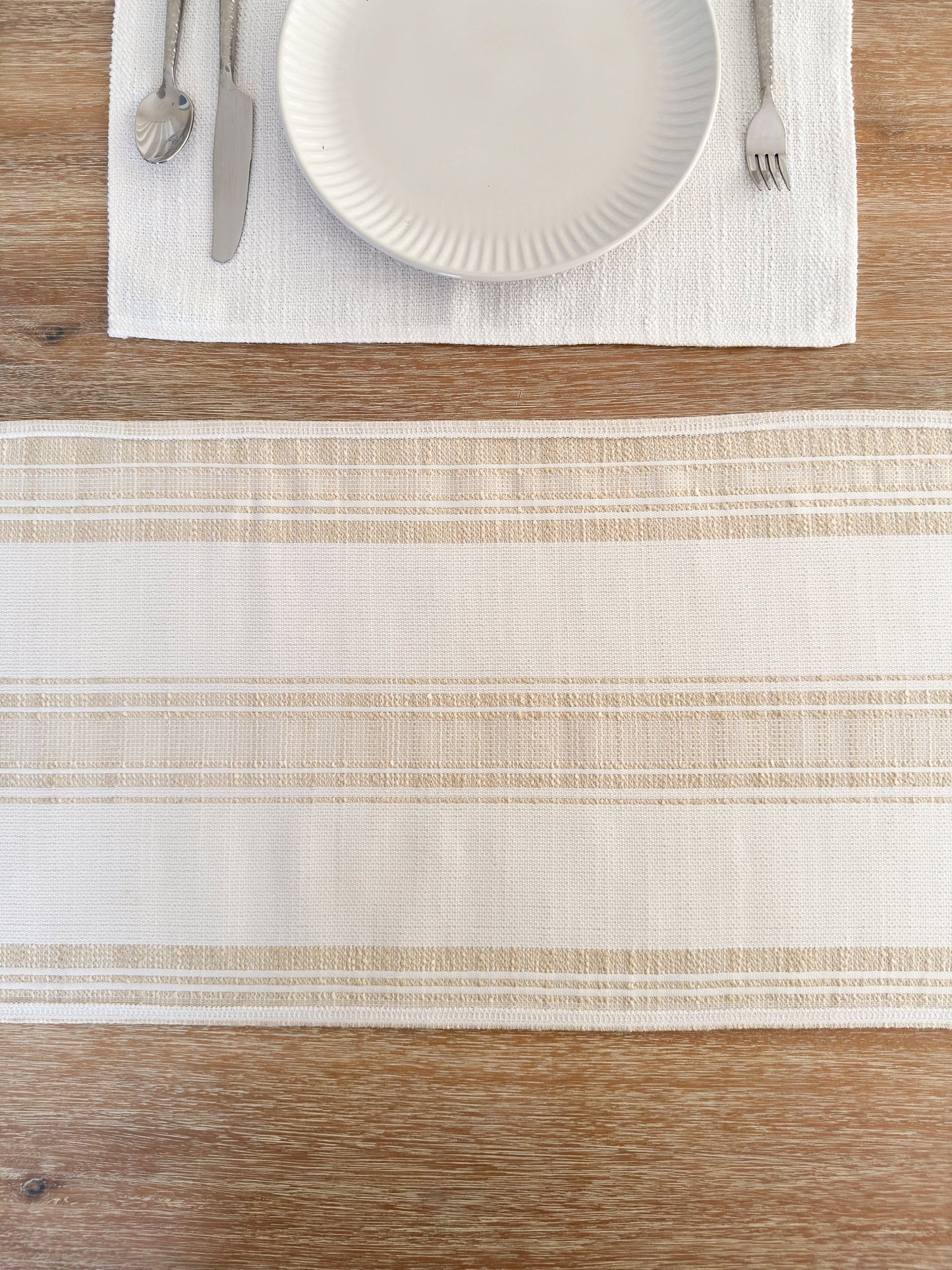 Beach Club Beige Stripe Indoor Outdoor Table Runner, Placemat, and Pillow Set