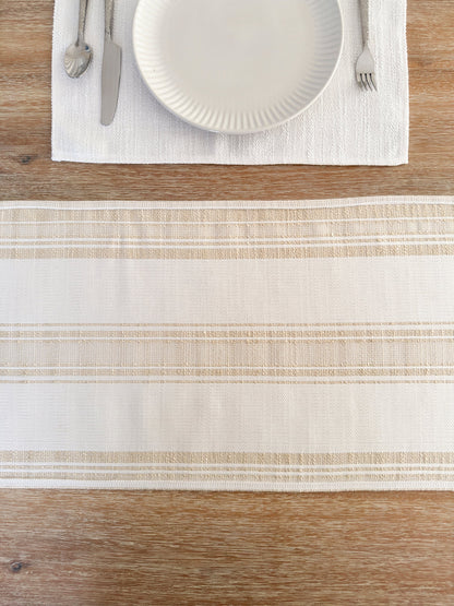 Beach Club Beige Stripe Indoor Outdoor Table Runner, Placemat, and Pillow Set