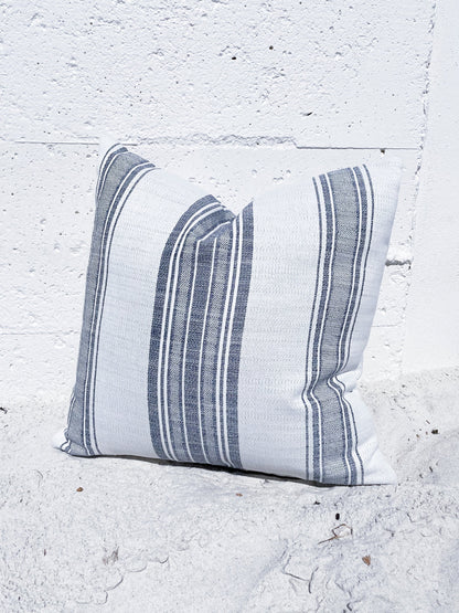 Beach Club White Stripe Blue Indoor Outdoor Cushion, Placemat, Table Runner Collection