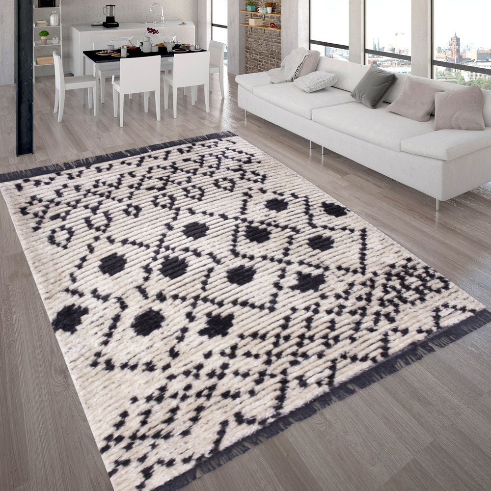 Myst Anthracite Grey Beige Moroccan Fringed Rug - Option 2 ANCHORED IN MUSKOKA