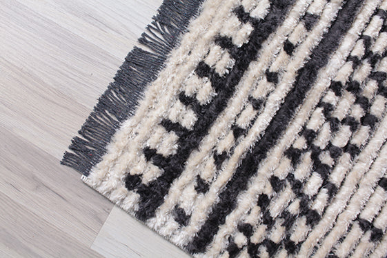 Myst Anthracite Grey Moroccan Beige Fringed Rug ANCHORED IN MUSKOKA