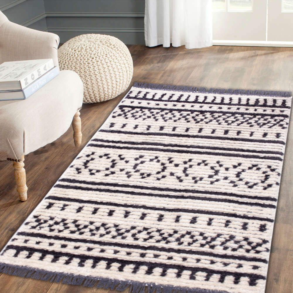 Myst Anthracite Grey Moroccan Beige Fringed Rug ANCHORED IN MUSKOKA