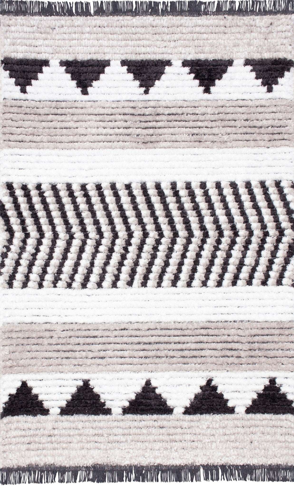 Myst Ivory Anthracite Grey Moroccan Zigzag Fringed Area Rug ANCHORED IN MUSKOKA