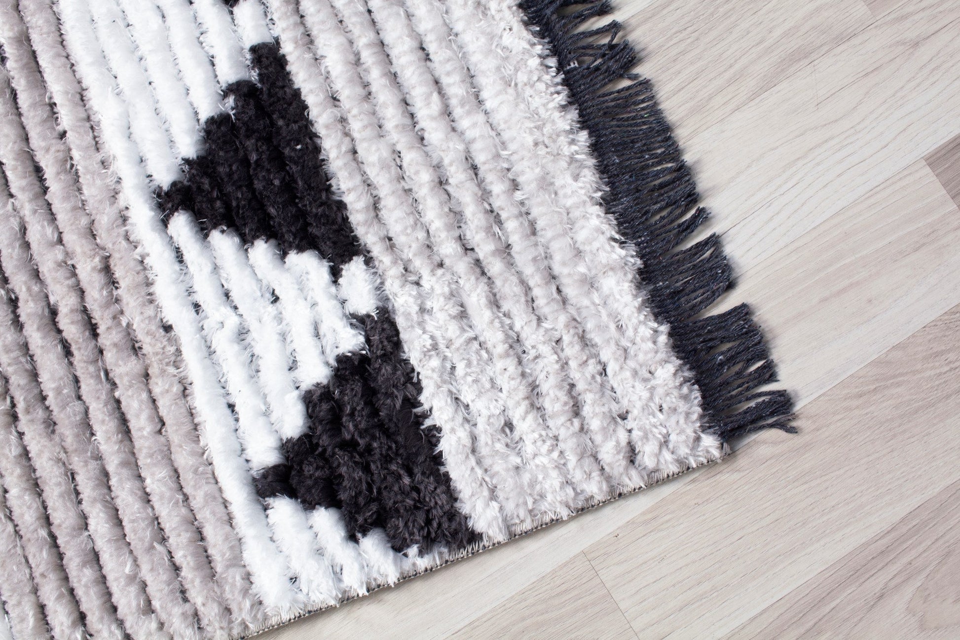 Myst Ivory Anthracite Grey Moroccan Zigzag Fringed Area Rug ANCHORED IN MUSKOKA